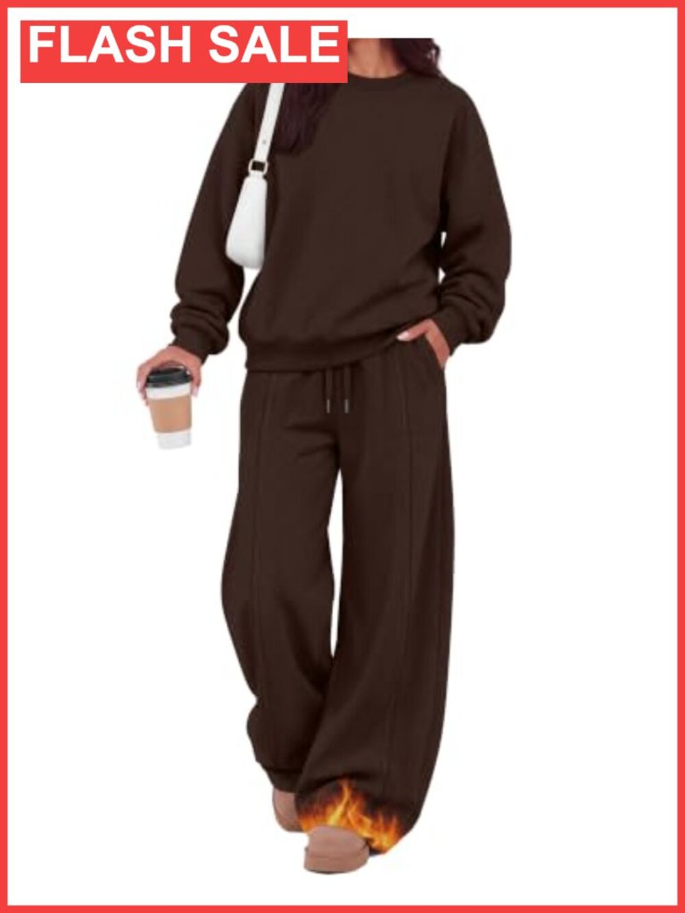 Fleece Lined Thermal Sweatsuit Set Long Sleeve Wide Leg Lounge